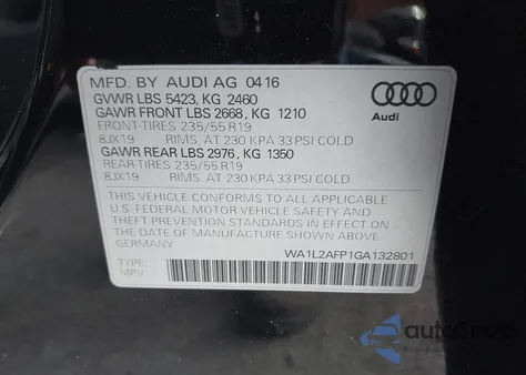 2016 Audi Q5 2.0T Premium from USA, damaged, VIN WA1L2AFP1GA132801